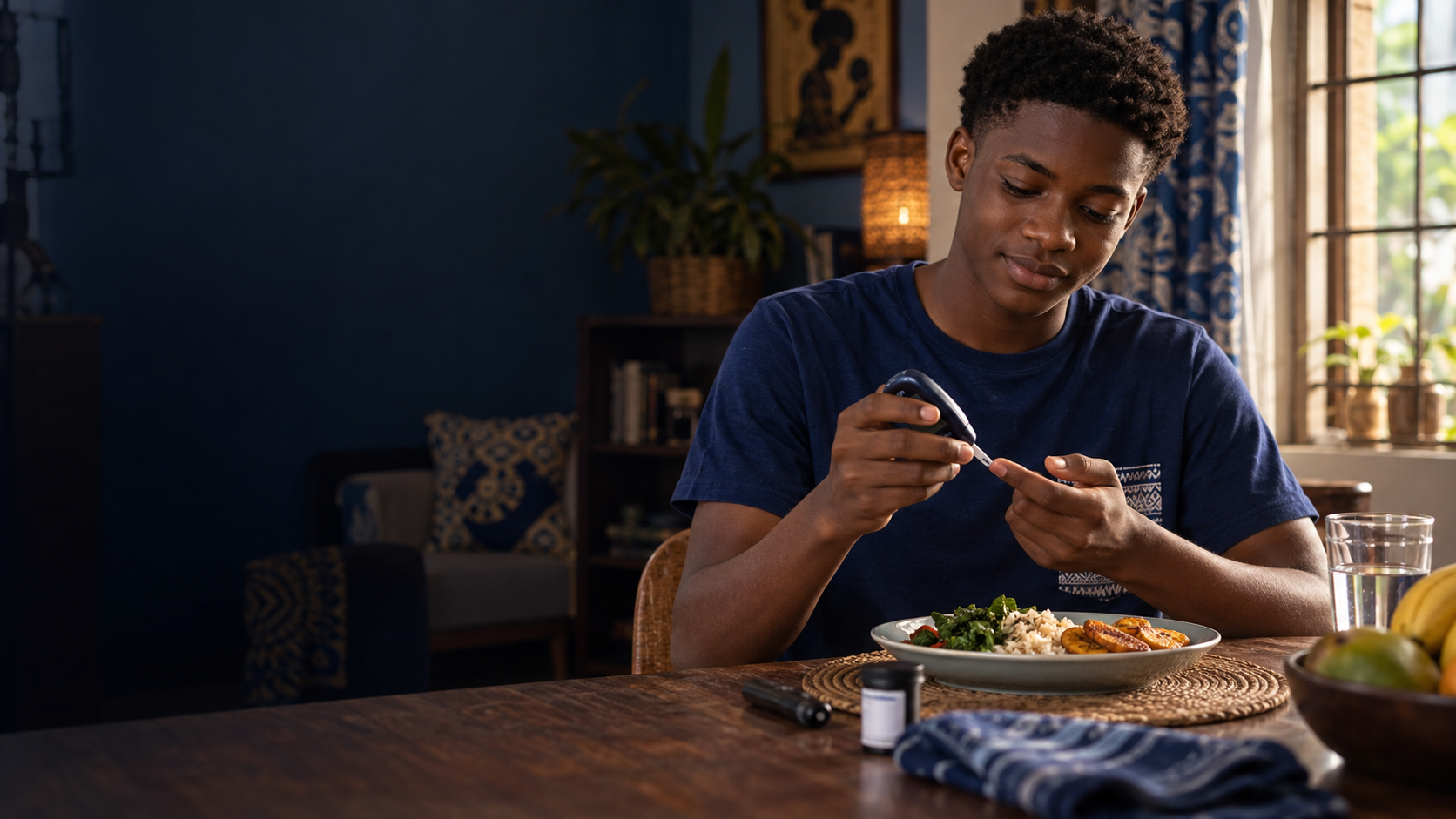 Young African person checking a glucose meter before a meal at home