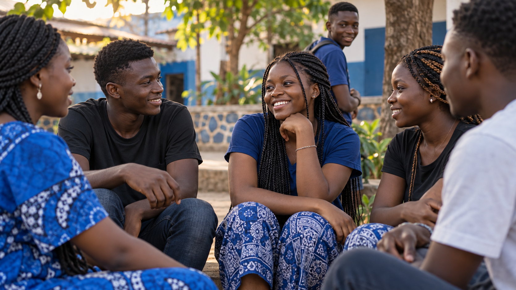 African young people talking together in a courtyard