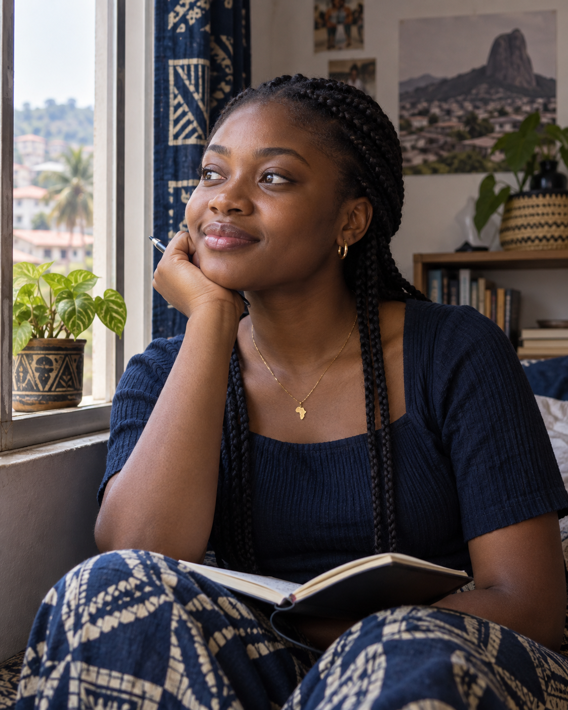 Young African woman reflecting beside a window