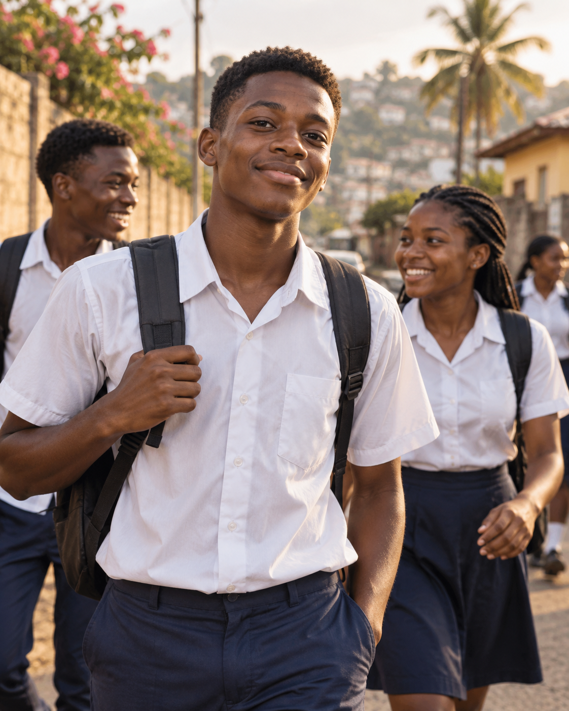 African teenagers walking together after school